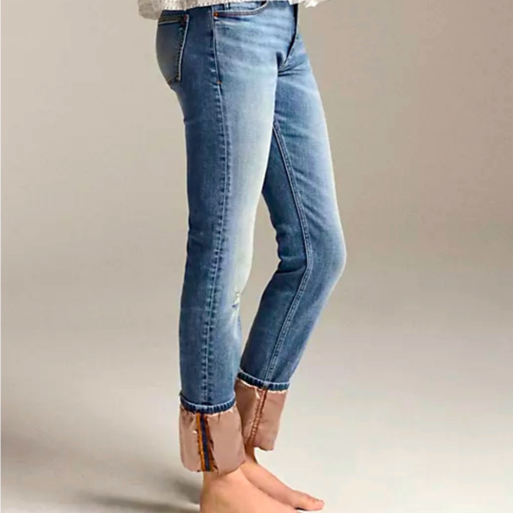 Pilcro. High rise satin trimmed straight jeans